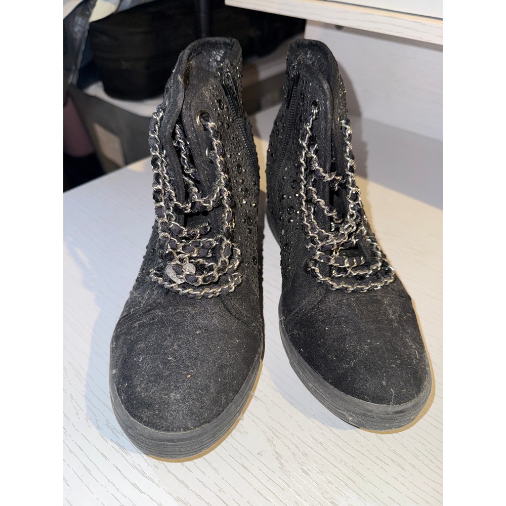 Stuart Weitzman Black Rhinestone Chain Wedge Ankle Boots Sneakers Side Zip